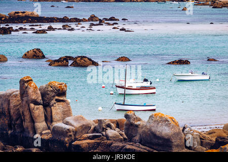 Boats in the port on the Pink Granite Coast (cote de granite rose in french). Brittany (Bretagne), France Stock Photo