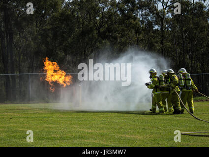 Team of firefighters spraying water on flames in grass field Stock Photo