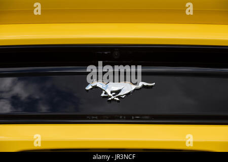 Yellow Ford Mustang rear. Classic American car Stock Photo
