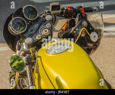 Trento, July 22, 2017: Show classic american motorcycles. Motorcycle parts details. Vintage filter effect Stock Photo
