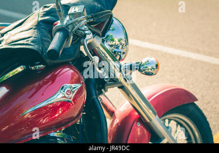 Trento, July 22, 2017: Show classic american motorcycles. Motorcycle parts details. Vintage filter effect Stock Photo