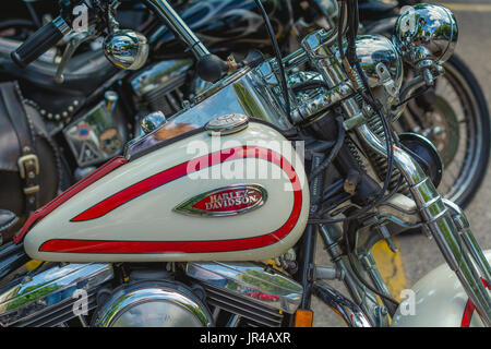 emblem and details of the famous Harley Davidson motorcycle. Vintage and retro style photography with filters