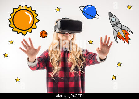 Girl wearing virtual reality headset Stock Photo