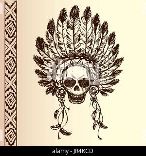 native american indian chief headdress (indian chief mascot, indian tribal headdress, indian headdress) t-shirt graphics, hand drawing Stock Vector