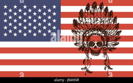 native american indian chief headdress  on usa flag background(indian chief mascot, indian tribal headdress, indian headdress) t-shirt graphics, hand  Stock Vector