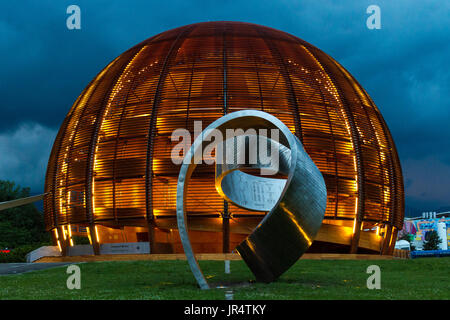 GENEVA, SWITZERLAND - JUNE 8, 2016: The Globe of Science & Innovation in CERN research center, home of Large Hadron Collider (LHC). The sculpture was Stock Photo