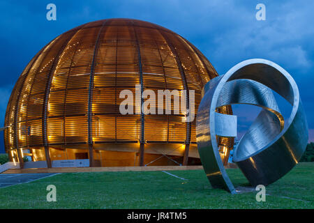 GENEVA, SWITZERLAND - JUNE 8, 2016: The Globe of Science & Innovation in CERN research center, home of Large Hadron Collider (LHC). The sculpture was  Stock Photo