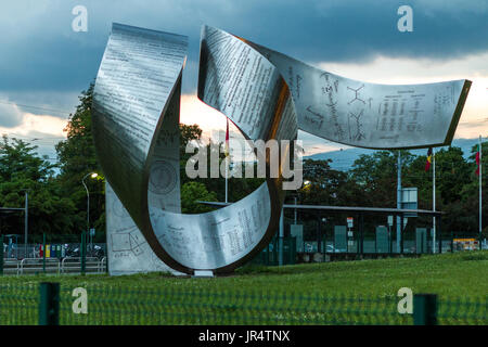 GENEVA, SWITZERLAND - JUNE 8, 2016: The Globe of Science & Innovation in CERN research center, home of Large Hadron Collider (LHC). The sculpture was  Stock Photo