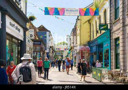 Falmouth, Cornwall, UK - Busy town centre shopping street, high street  Falmouth UK in summer Stock Photo