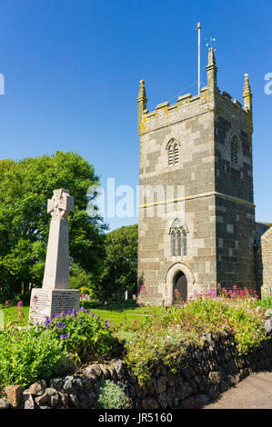 St Mellanus church, Mullion, Cornwall, UK - a Grade 1 Listed English church with Norman architecture, Romanesque village church built in 13th Century Stock Photo