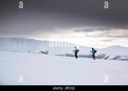 Two backcountry skiers traversing at high elevation