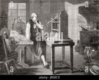 James Watt in his Glasgow workshop improving on Thomas Newcomen's 1712 Newcomen steam engine, with his Watt steam engine in 1781.  James Watt, 1736 -1819.  Scottish inventor, mechanical engineer and chemist.  From Les Merveilles de la Science, published 1870. Stock Photo