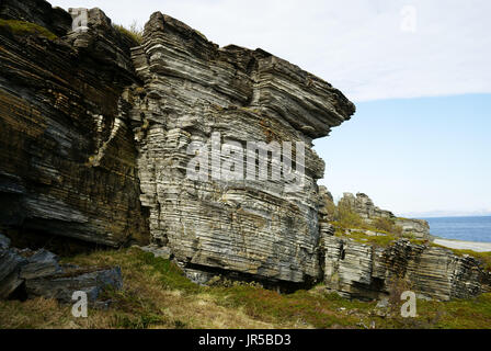 Rock layers on falt zone south of Honningsvag, North cape, Finnmark, Norway Stock Photo