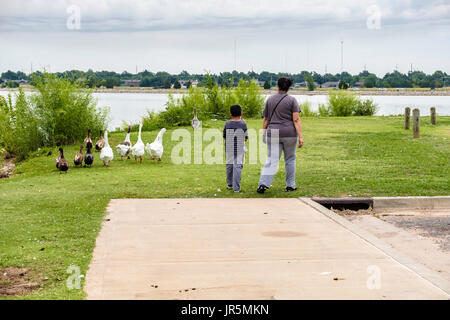 Hispanic woman and young boy enjoy the geese and lake in Oklahoma City, Oklahoma, USA. Stock Photo