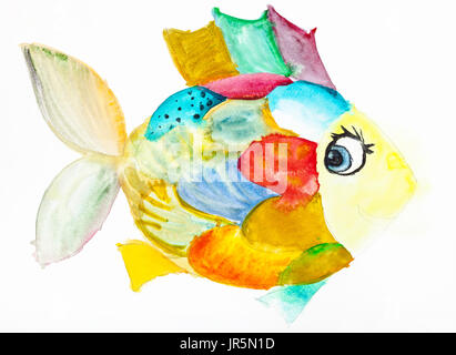 hand painted fanny fish with multicolored scales drawn by watercolors on white paper Stock Photo