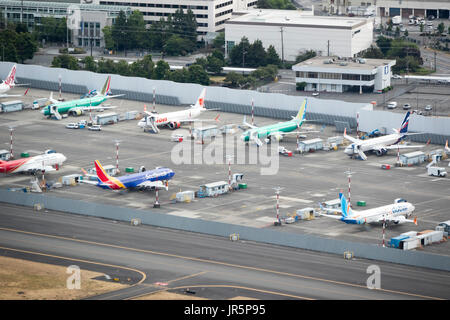 Aerial view of Boeing 737 airplanes under construction at Boeing Field factory, Seattle, Washington State, USA Stock Photo