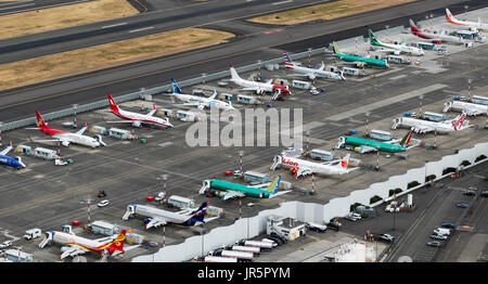 Aerial view of Boeing 737 airplanes under construction at Boeing Field factory, Seattle, Washington State, USA Stock Photo