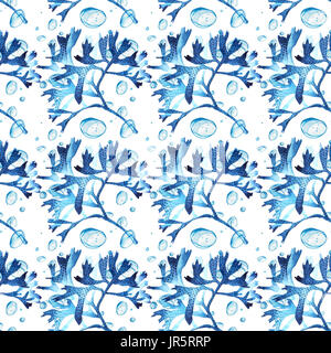 Seamless pattern of blue corals watercolor illustration. Hand drawn sketch for design. Underwater watercolor background illustration Stock Photo