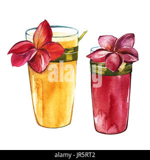 Cocktails with Plumeria isolated on white background. Tropical set, Watercolor sketch object Stock Photo