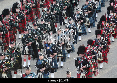 The massed pipes and drums during the Royal Edinburgh Military Tattoo preview evening at Edinburgh Castle. Stock Photo