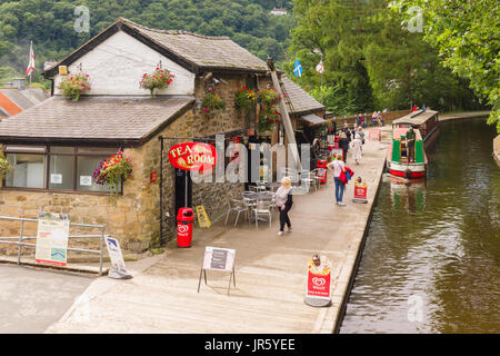 The old wharf in Llangollen now converted to tea rooms and the terminus for horse drawn narrow boat cruises Stock Photo