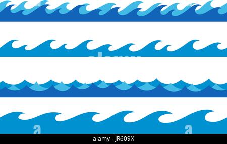 stylized cartoon ocean waves, hand drawn endless borders, isolated vector illustration Stock Vector