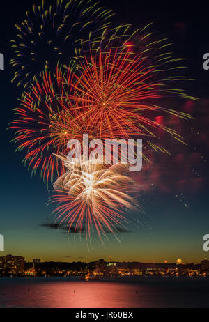 Canada's 150th. anniversary was celebrated by a spectacular fireworks display over Kempenfelt Bay in Barrie, Ontario, Canada on July 1, 2017. Stock Photo