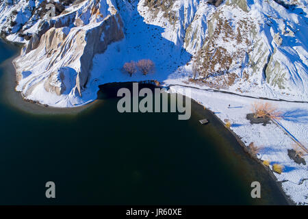 Blue Lake, St Bathans, Maniototo, Central Otago, South Island, New Zealand - drone aerial Stock Photo