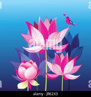 Pink lotuses and a love bird Stock Vector