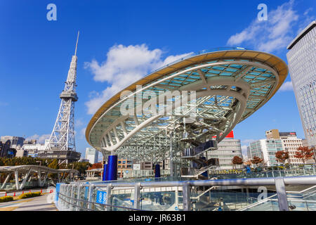 Oasis 21 in Nagoya, Japan - a shopping complex nearby Nagoya Tower, its large oval glass roof structure floats above ground level Stock Photo