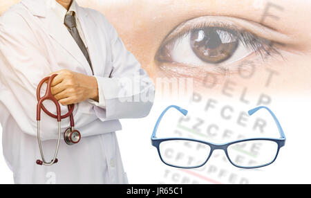 Doctor holding stethoscope and close up eye human with test eye chart background. Stock Photo