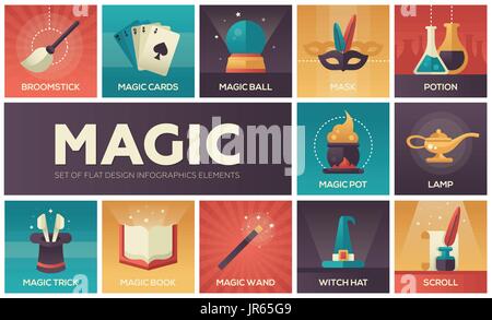 Magic and fairy tale - modern vector line design icons and elements set. Gradient color symbols of wand, potion, trick, witch hat, broomstick, mask, l Stock Vector
