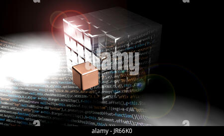 Metallic cube made of many small cubes. Software text is in front of it Stock Photo