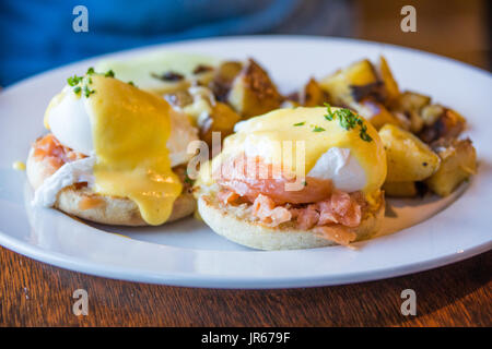 Salmon Benedict at Wildwood Cafe, Function Junction, Whistler, Canada Stock Photo