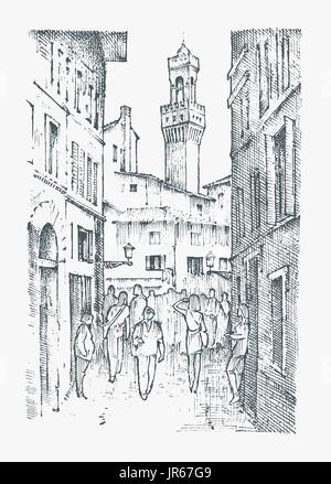 Scene Streets in European town Florence in Italy . engraved hand drawn in old sketch and vintage style. historical architecture with buildings, perspective view. Travel postcard. Palazzo Vecchio. Stock Vector