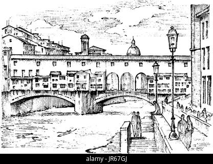 landscape in European town Florence in Italy. engraved hand drawn in old sketch and vintage style. historical architecture with buildings, perspective view. Travel postcard. Ponte Vecchio bridge. Stock Vector