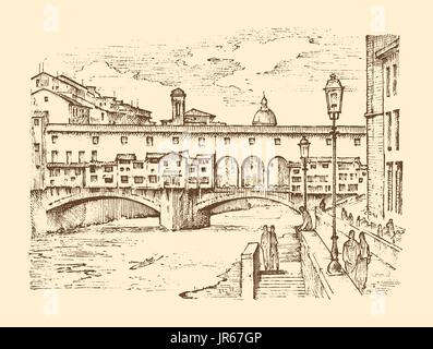 landscape in European town Florence in Italy. engraved hand drawn in old sketch and vintage style. historical architecture with buildings, perspective view. Travel postcard. Ponte Vecchio bridge. Stock Vector