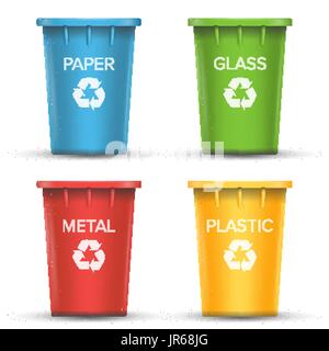 Multicolored Recycling Bins Vector. 3D Realistic. Set Of Red, Green, Blue, Yellow Buckets. For Paper, Glass, Metal, Plastic Sorting. Isolated On White Stock Vector