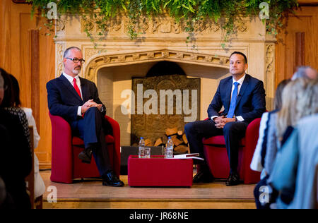 Taoiseach Leo Varadkar (right) with vice-chancellor Richard English in the Great Hall at Queen's University in Belfast during his first visit to Northern Ireland. Stock Photo