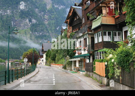 Lake Street of Hallstatt village in the Salzkammergut, a region in the Upper Austria. UNESCO World Heritage. Stock Photo