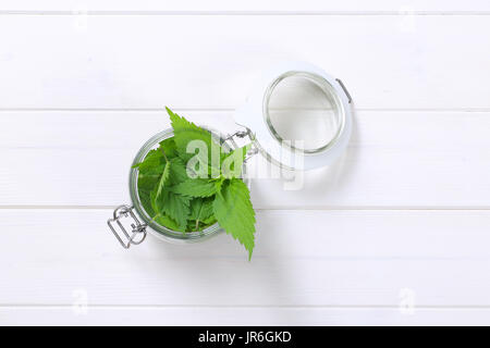 jar of fresh nettle leaves on white wooden background Stock Photo