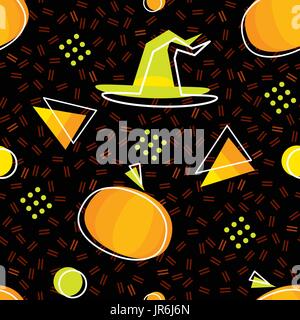 Seamless Halloween pattern in Memphis style with pumpkins, candy-corns and witch hat. Stock Vector