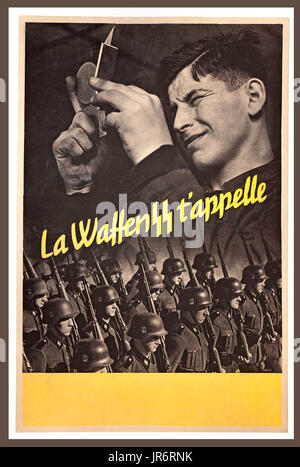 Vintage WW2 German propaganda recruitment poster in French....  'THE WAFFEN SS CALLS YOU'  Propaganda directed at Vichy France and French Nazi collaborators Stock Photo