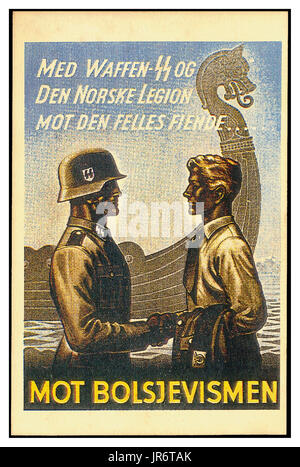 1940's Waffen SS Propaganda poster WW2 Norway: 6,000 to 15,000 men in  Volunteer Legion Norway  5th SS Panzer Division Wiking 6th SS Mountain Division Nord SS-Skijeger-Bataljon Norge 11th SS Volunteer Panzergre to fight off advancing Russian Military Stock Photo