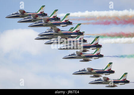 Fairford, Gloucestershire, UK - July 10th, 2016: The Italian Air Force Frecce Tricolori Display Team perform at Fairford International Air Tattoo 2016 Stock Photo