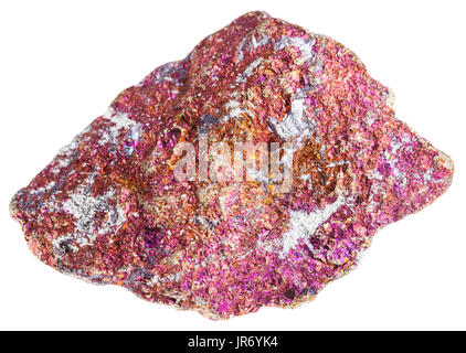 macro shooting of specimen of natural mineral rock - red Chalcopyrite stone (copper pyrite) isolated on white background from Mexico Stock Photo