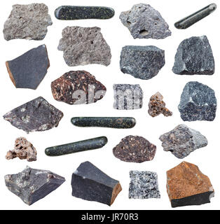 collection of various basalt igneous rocks (basalt, gabbro, tachylite, tachylyte, tholeiite, glassbasalt, hyalobasalt, etc) isolated on white backgrou Stock Photo