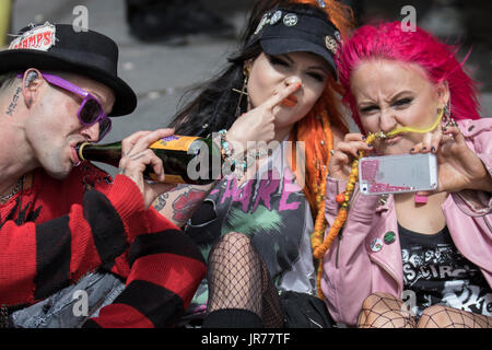 Blackpool, Lancashire, UK. 3rd Aug, 2017. Rebellion Festival world's largest punk festival begins as thousands of punks arrive in Blackpool for international punk festival. At the beginning of August, Blackpool's Winter Gardens plays host to a massive line up of punk bands for the 21st edition of Rebellion Festival. There's a fringe fest running alongside the main event. Called “At the Edge” with an art exhibition, vintage clothing and a dedicated Dr Martens stall. Credit; MediaWorldImages/AlamyLiveNews. Stock Photo