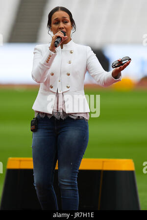 London, UK. 04th Aug, 2017. London, 2017-August-04. Rebecca Ferguson rehearses at the London Stadium ahead of the opening of the IAAF World Championships London 2017. Credit: Paul Davey/Alamy Live News Stock Photo