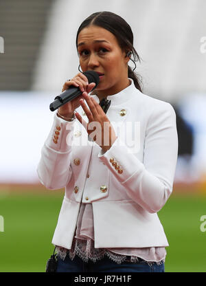 London, UK. 04th Aug, 2017. London, 2017-August-04. Rebecca Ferguson rehearses at the London Stadium ahead of the opening of the IAAF World Championships London 2017. Credit: Paul Davey/Alamy Live News Stock Photo